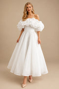 Rutipo Ivory Elegant Ruffle Off-The-Shoulder Sleeveless A-Line Ankle-Length Tulle Wedding Dresses