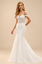 Rutipo Ivory Elegant Sweetheart Mermaid Court Train Lace/Tulle Wedding Dress