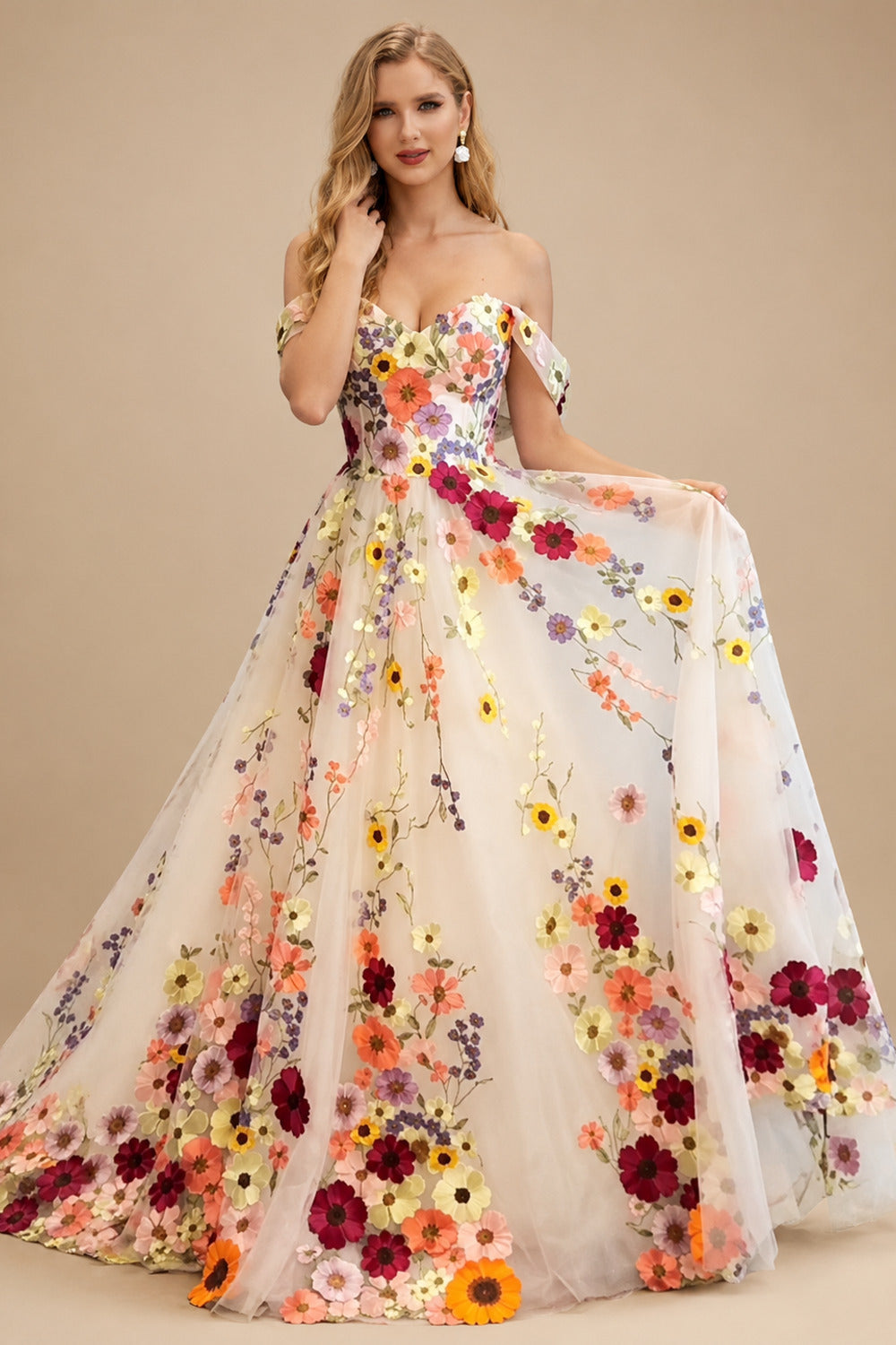 Rutipo As Picture Flower(s) Appliques Lace Off-The-Shoulder Sleeveless A-Line Court Train Tulle Wedding Dresses