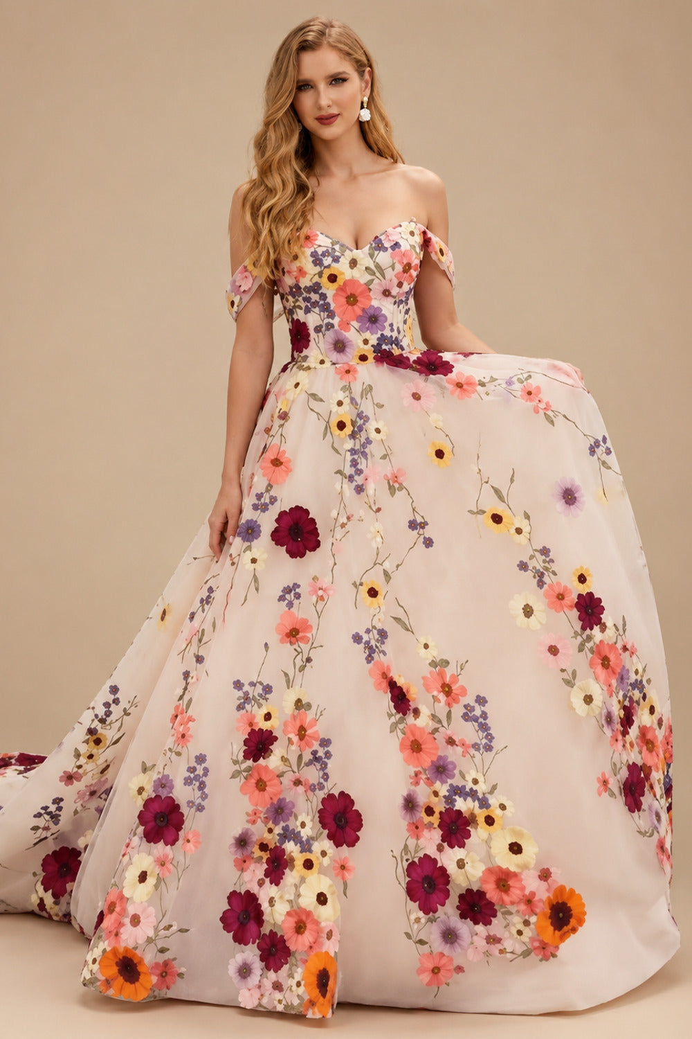Rutipo As Picture Flower(s) Appliques Lace Off-The-Shoulder Sleeveless A-Line Court Train Tulle Wedding Dresses