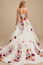 Rutipo As Picture Flower(s) Appliques Lace Off-The-Shoulder Sleeveless A-Line Court Train Tulle Wedding Dresses