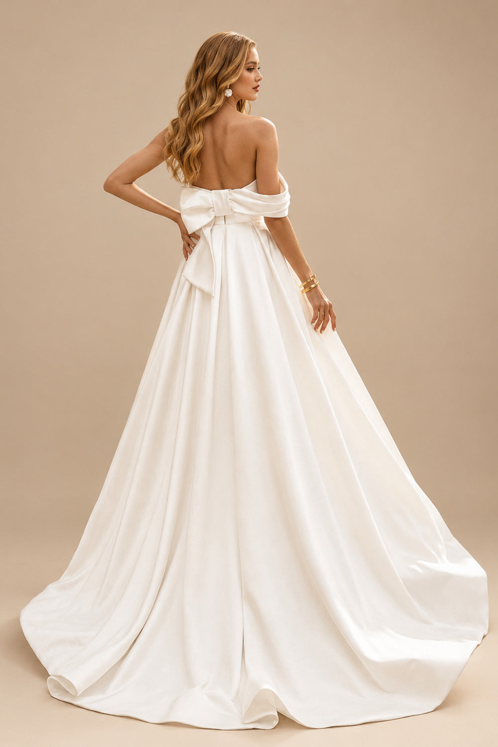 Rutipo Ivory Elegant Bow(s) Off-The-Shoulder High Split Ball-Gown Court Train Matte Satin Wedding Dresses