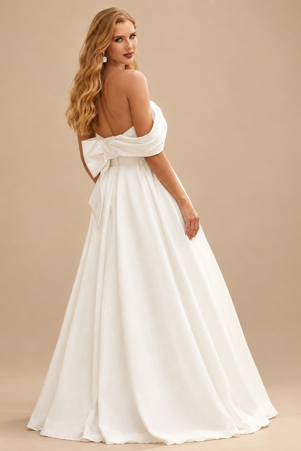 Rutipo Ivory Elegant Bow(s) Off-The-Shoulder High Split Ball-Gown Court Train Matte Satin Wedding Dresses