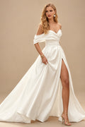 Rutipo Ivory Elegant Bow(s) Off-The-Shoulder High Split Ball-Gown Court Train Matte Satin Wedding Dresses
