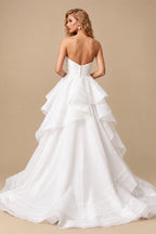 Rutipo White Elegant Strapless Sleeveless Ball-Gown Cascading Ruffles Sweep Train Organza Wedding Dresses