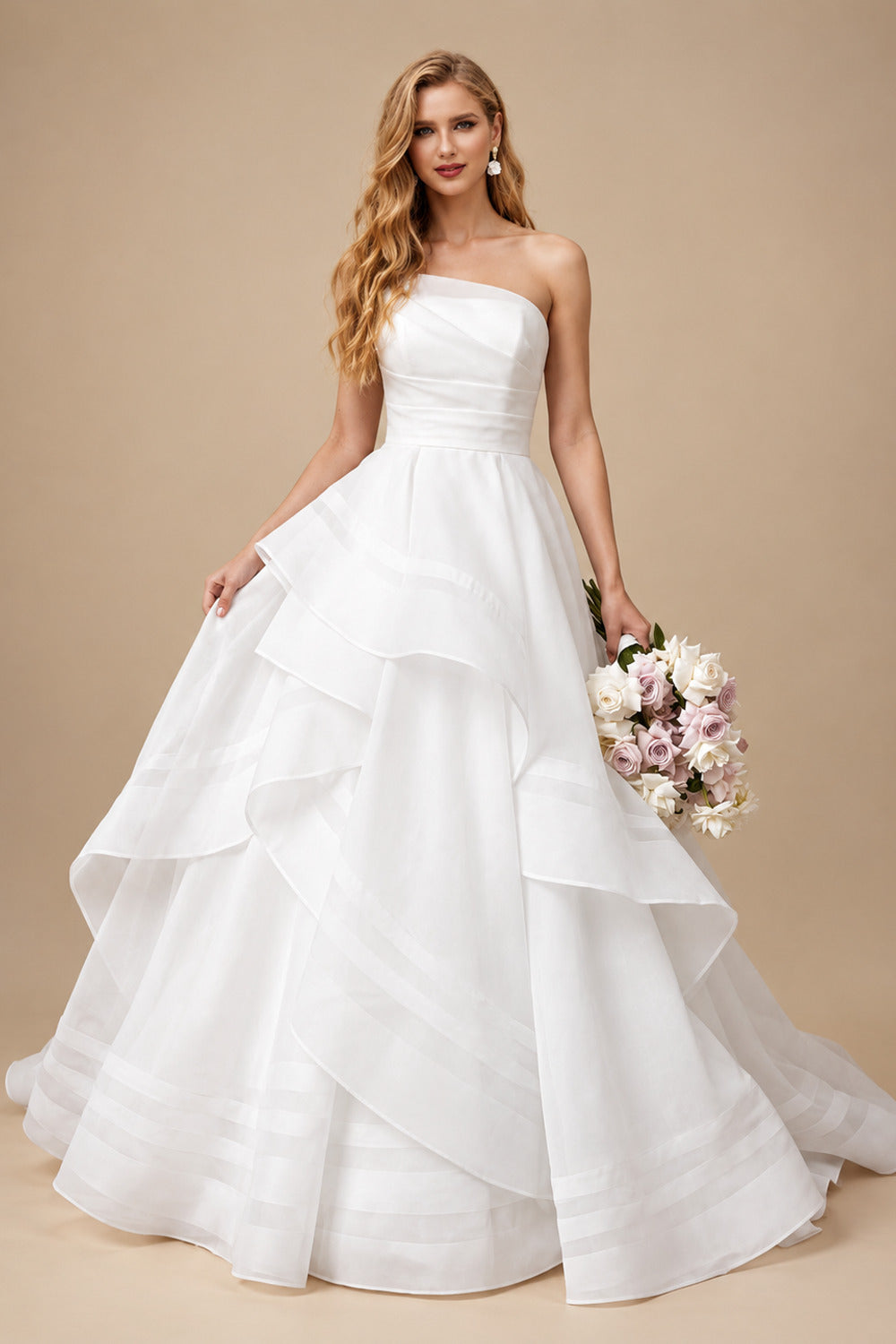 Rutipo White Elegant Strapless Sleeveless Ball-Gown Cascading Ruffles Sweep Train Organza Wedding Dresses