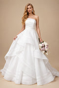 Rutipo White Elegant Strapless Sleeveless Ball-Gown Cascading Ruffles Sweep Train Organza Wedding Dresses