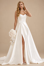 Rutipo Ivory Elegant Sweetheart A-Line Sweep Train Matte Satin Wedding Dresses With High Split