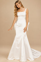 Rutipo Ivory Classy Square Neckline Mermaid Bow(s) Detachable Overskirt Matte Satin Wedding Dresses