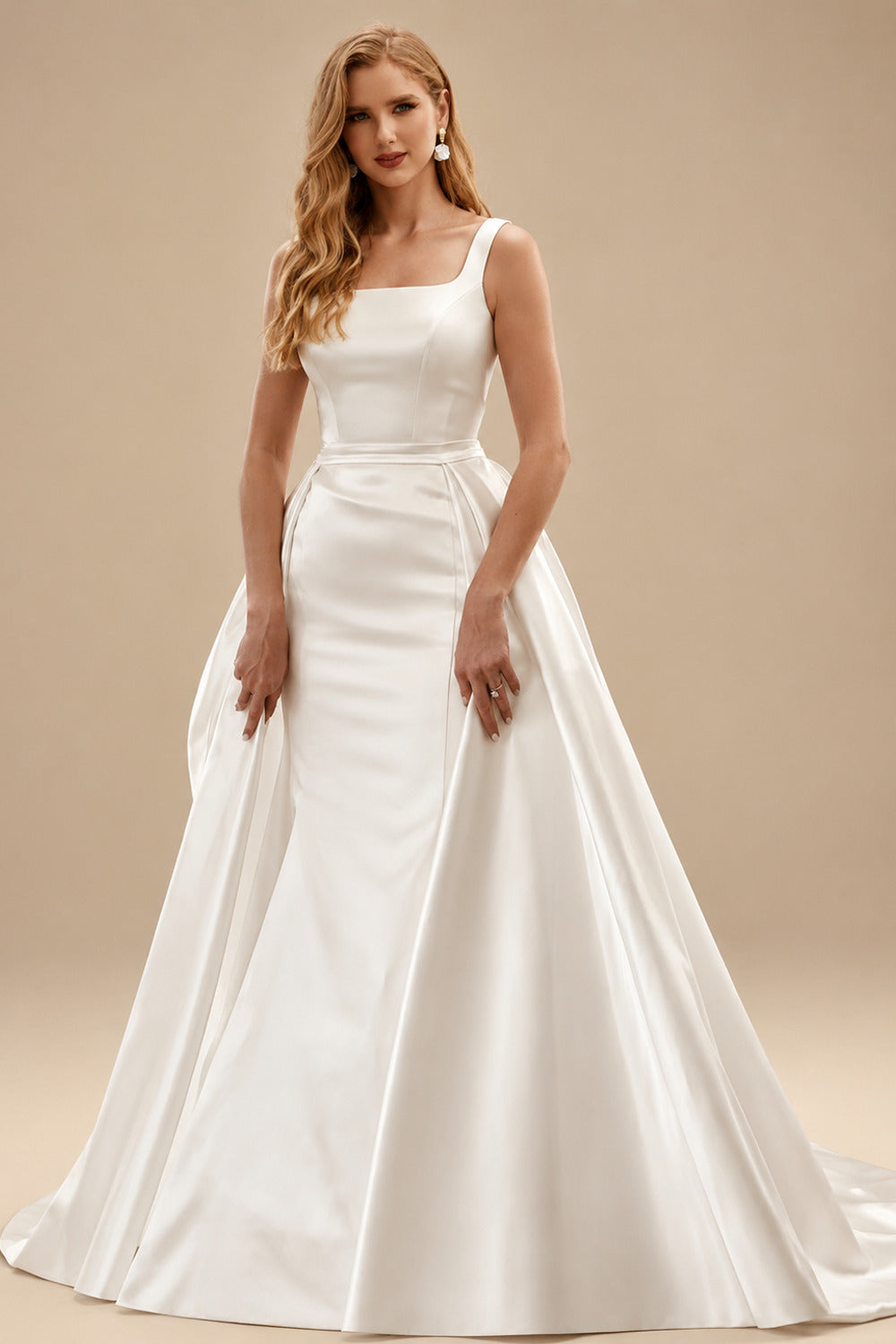 Rutipo Ivory Classy Square Neckline Mermaid Bow(s) Detachable Overskirt Matte Satin Wedding Dresses