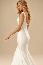 Rutipo Ivory Classy Square Neckline Mermaid Bow(s) Detachable Overskirt Matte Satin Wedding Dresses