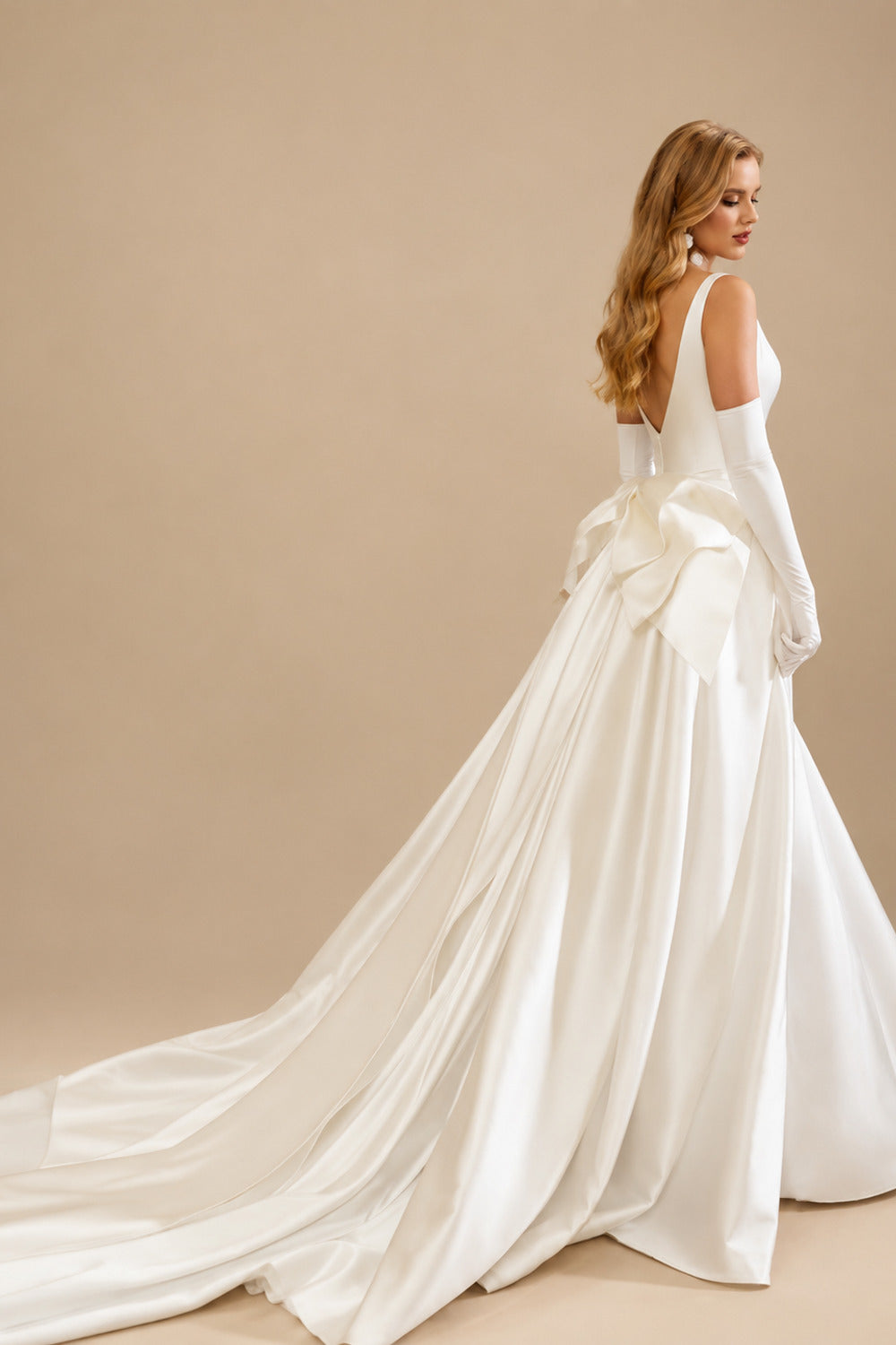 Rutipo Ivory Classy Square Neckline Mermaid Bow(s) Detachable Overskirt Matte Satin Wedding Dresses