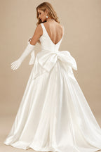 Rutipo Ivory Classy Square Neckline Mermaid Bow(s) Detachable Overskirt Matte Satin Wedding Dresses