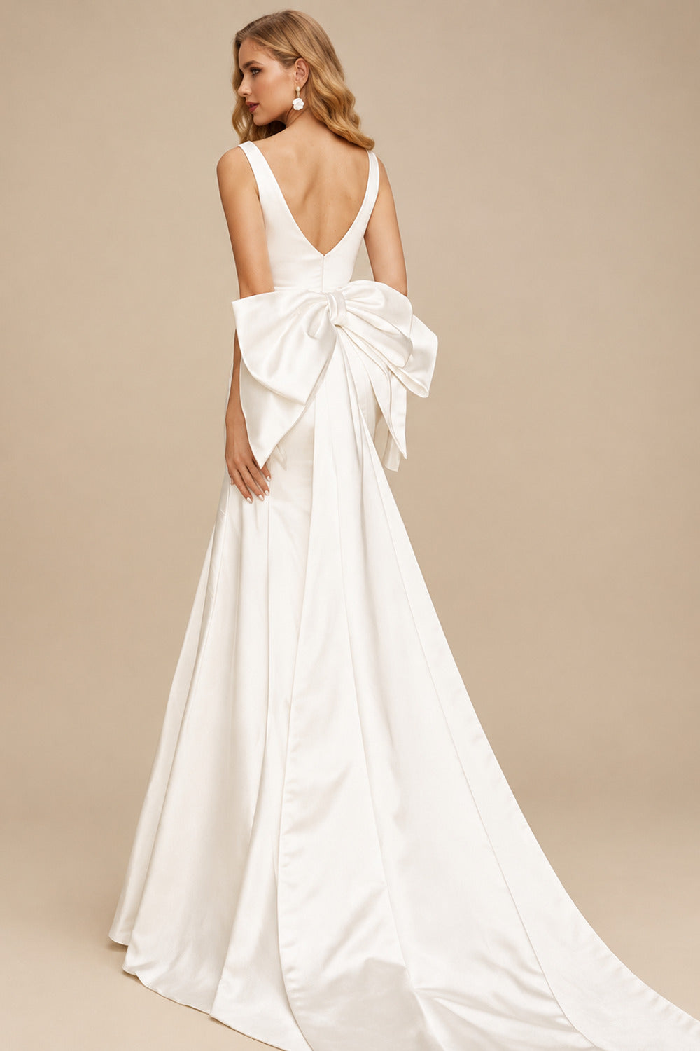 Rutipo Ivory Classy Square Neckline Mermaid Bow(s) Detachable Overskirt Matte Satin Wedding Dresses