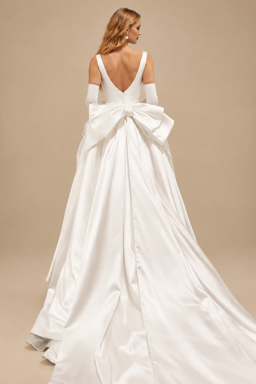Rutipo Ivory Classy Square Neckline Mermaid Bow(s) Detachable Overskirt Matte Satin Wedding Dresses