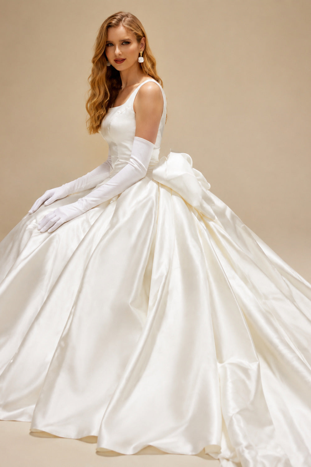 Rutipo Ivory Classy Square Neckline Mermaid Bow(s) Detachable Overskirt Matte Satin Wedding Dresses