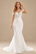 Rutipo Ivory Elegant Sweetheart Detachable Straps Mermaid Sweep Train Lace/Elastic Satin Wedding Dresses