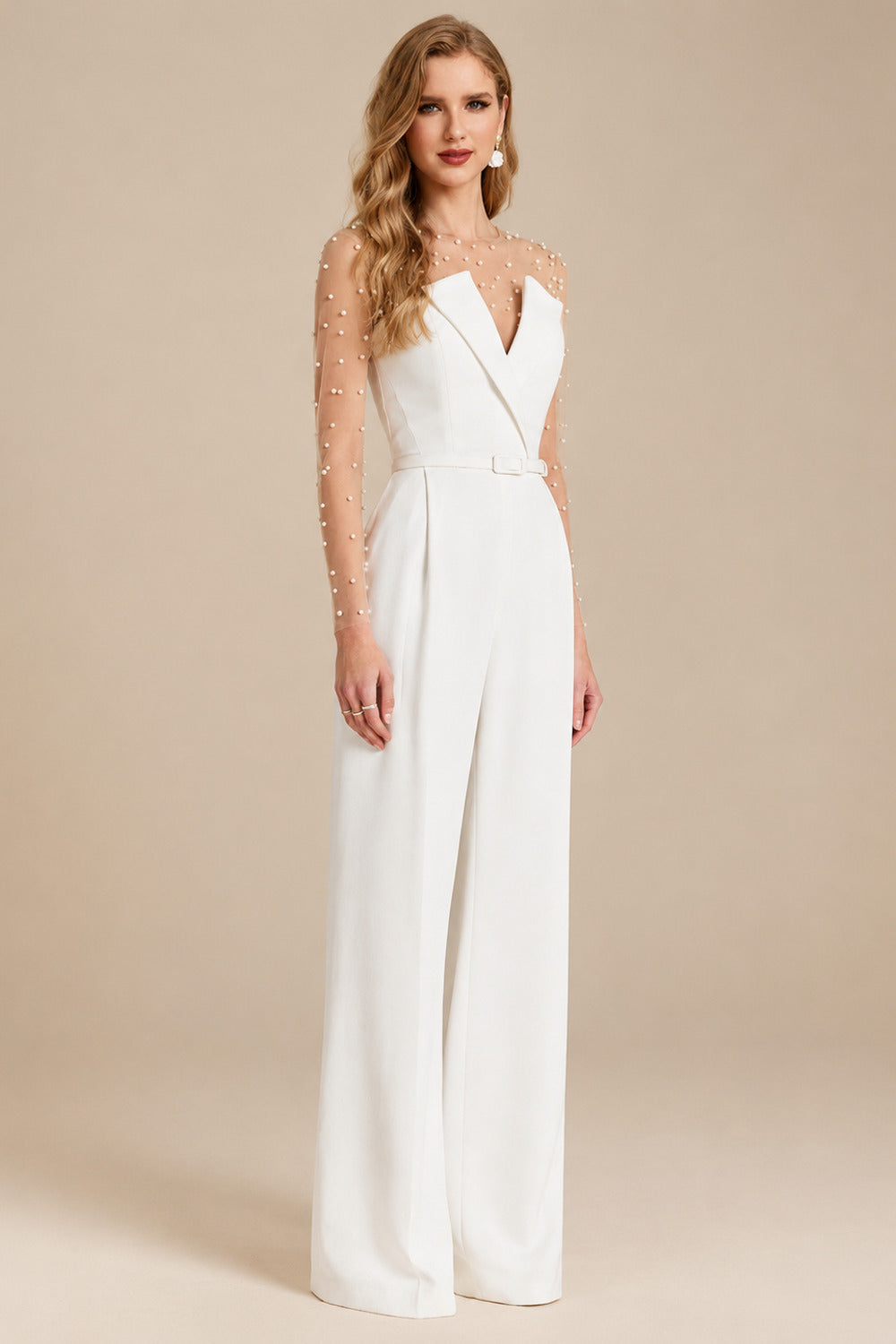 Rutipo Ivory Beading Illusion Neck Long Sleeves Floor-Length Elastic Satin Wedding Jumpsuit