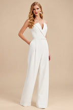 Rutipo Ivory Beading Illusion Neck Long Sleeves Floor-Length Elastic Satin Wedding Jumpsuit