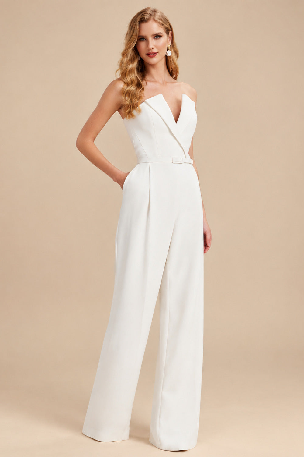 Rutipo Ivory Beading Illusion Neck Long Sleeves Floor-Length Elastic Satin Wedding Jumpsuit