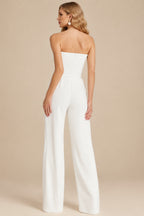 Rutipo Ivory Beading Illusion Neck Long Sleeves Floor-Length Elastic Satin Wedding Jumpsuit