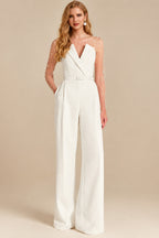 Rutipo Ivory Beading Illusion Neck Long Sleeves Floor-Length Elastic Satin Wedding Jumpsuit