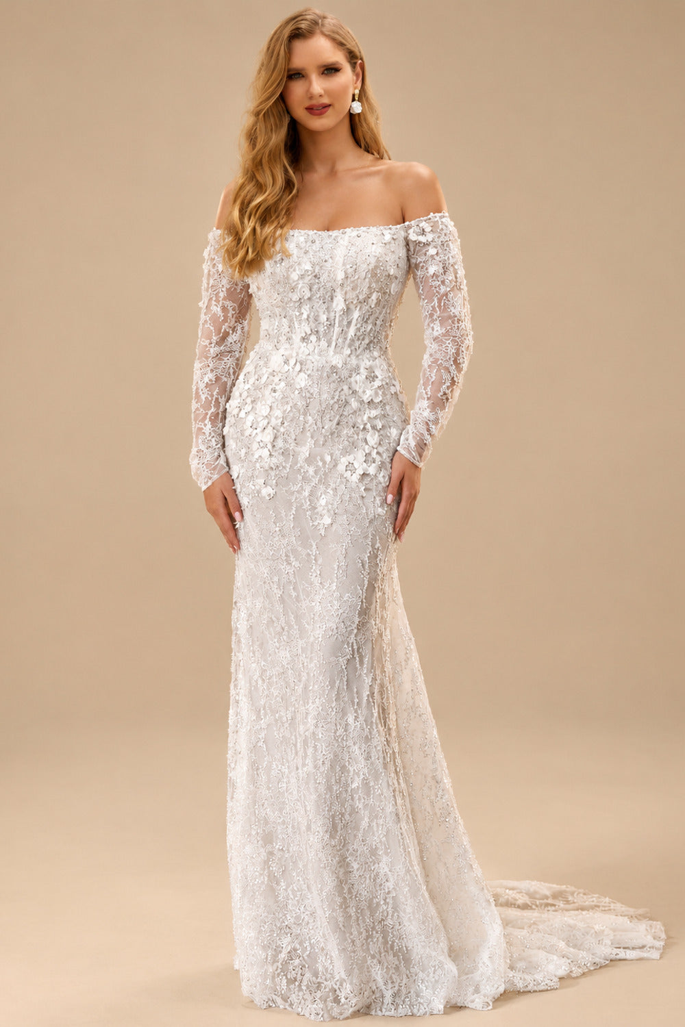 Rutipo As Picture Sparkle & Shine Flower(s) Off-The-Shoulder Long Sleeves Mermaid Sweep Train Lace/Sequined Wedding Dresses