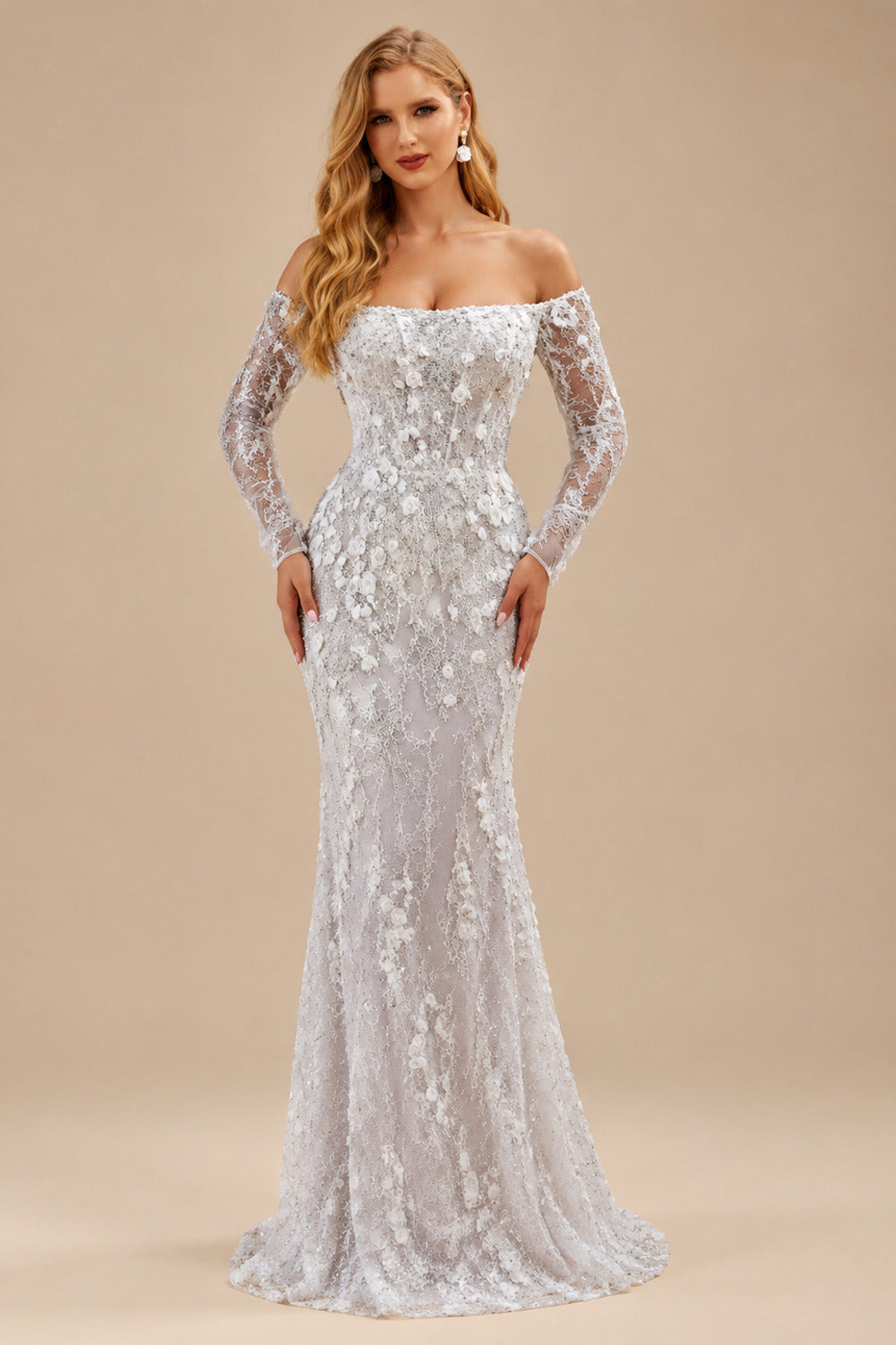 Rutipo As Picture Sparkle & Shine Flower(s) Off-The-Shoulder Long Sleeves Mermaid Sweep Train Lace/Sequined Wedding Dresses