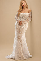 Rutipo As Picture Sparkle & Shine Flower(s) Off-The-Shoulder Long Sleeves Mermaid Sweep Train Lace/Sequined Wedding Dresses
