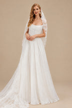 Rutipo Ivory Elegant Off-The-Shoulder Sleeveless A-Line Sweep Train Tulle Wedding Dresses With Lace