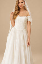 Rutipo Ivory Elegant Off-The-Shoulder Sleeveless A-Line Sweep Train Tulle Wedding Dresses With Lace