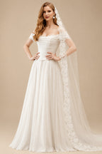 Rutipo Ivory Elegant Off-The-Shoulder Sleeveless A-Line Sweep Train Tulle Wedding Dresses With Lace