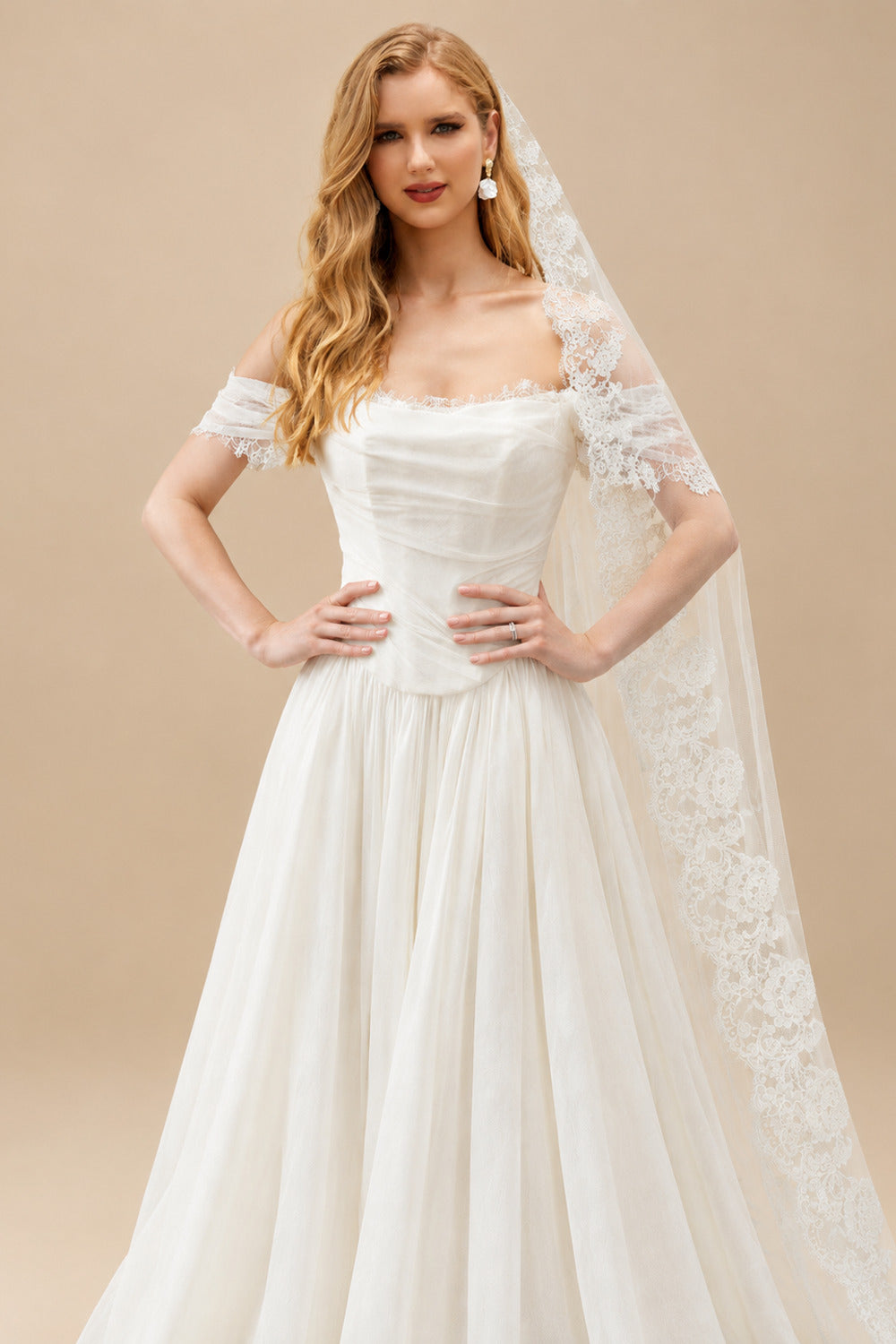 Rutipo Ivory Elegant Off-The-Shoulder Sleeveless A-Line Sweep Train Tulle Wedding Dresses With Lace