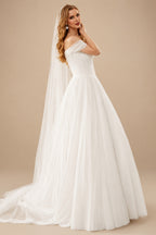 Rutipo Ivory Elegant Off-The-Shoulder Sleeveless A-Line Sweep Train Tulle Wedding Dresses With Lace