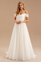 Rutipo Ivory Elegant Off-The-Shoulder Sleeveless A-Line Sweep Train Tulle Wedding Dresses With Lace