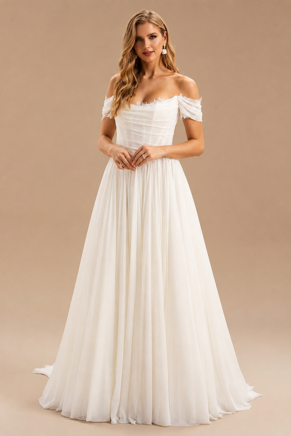 Rutipo Ivory Elegant Off-The-Shoulder Sleeveless A-Line Sweep Train Tulle Wedding Dresses With Lace