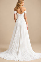Rutipo Ivory Elegant Off-The-Shoulder Sleeveless A-Line Sweep Train Tulle Wedding Dresses With Lace
