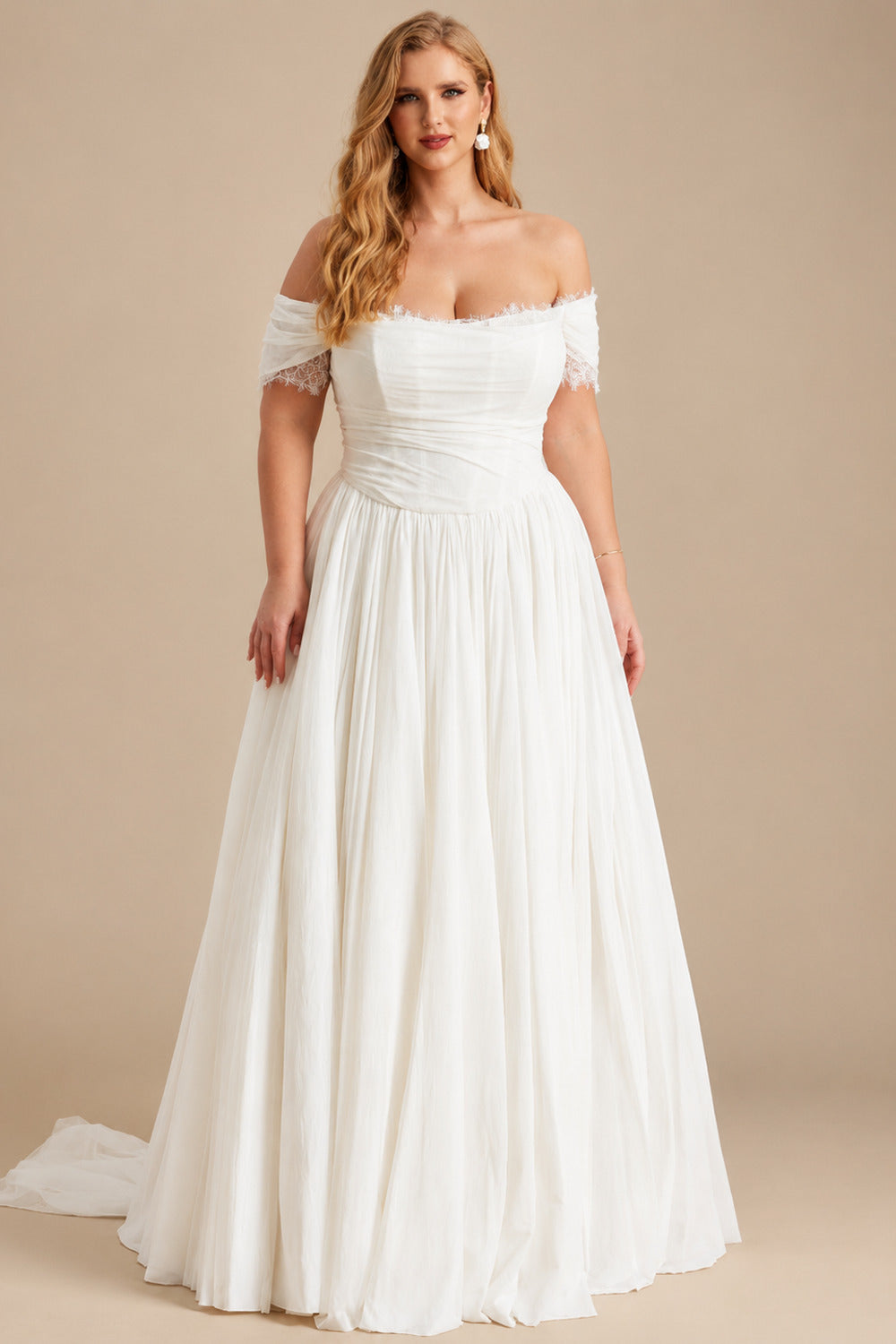 Rutipo Ivory Elegant Off-The-Shoulder Sleeveless A-Line Sweep Train Tulle Wedding Dresses With Lace