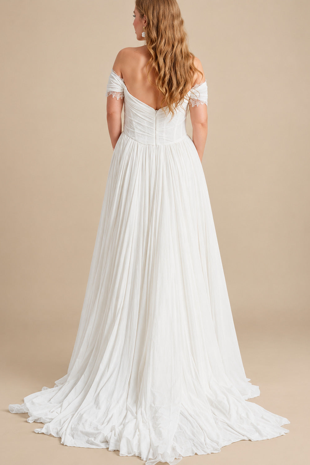 Rutipo Ivory Elegant Off-The-Shoulder Sleeveless A-Line Sweep Train Tulle Wedding Dresses With Lace