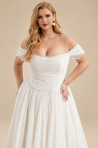 Rutipo Ivory Elegant Off-The-Shoulder Sleeveless A-Line Sweep Train Tulle Wedding Dresses With Lace
