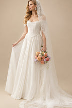 Rutipo Ivory Elegant Off-The-Shoulder Sleeveless A-Line Sweep Train Tulle Wedding Dresses With Lace