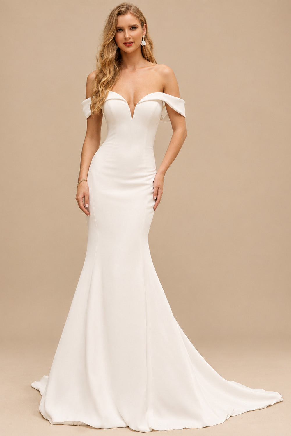 Rutipo Ivory Elegant Off-The-Shoulder Sleeveless Mermaid Court Train Lace/Elastic Satin Wedding Dresses