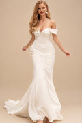 Rutipo Ivory Elegant Off-The-Shoulder Sleeveless Mermaid Court Train Lace/Elastic Satin Wedding Dresses