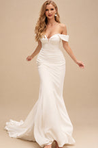 Rutipo Ivory Elegant Off-The-Shoulder Sleeveless Mermaid Court Train Lace/Elastic Satin Wedding Dresses