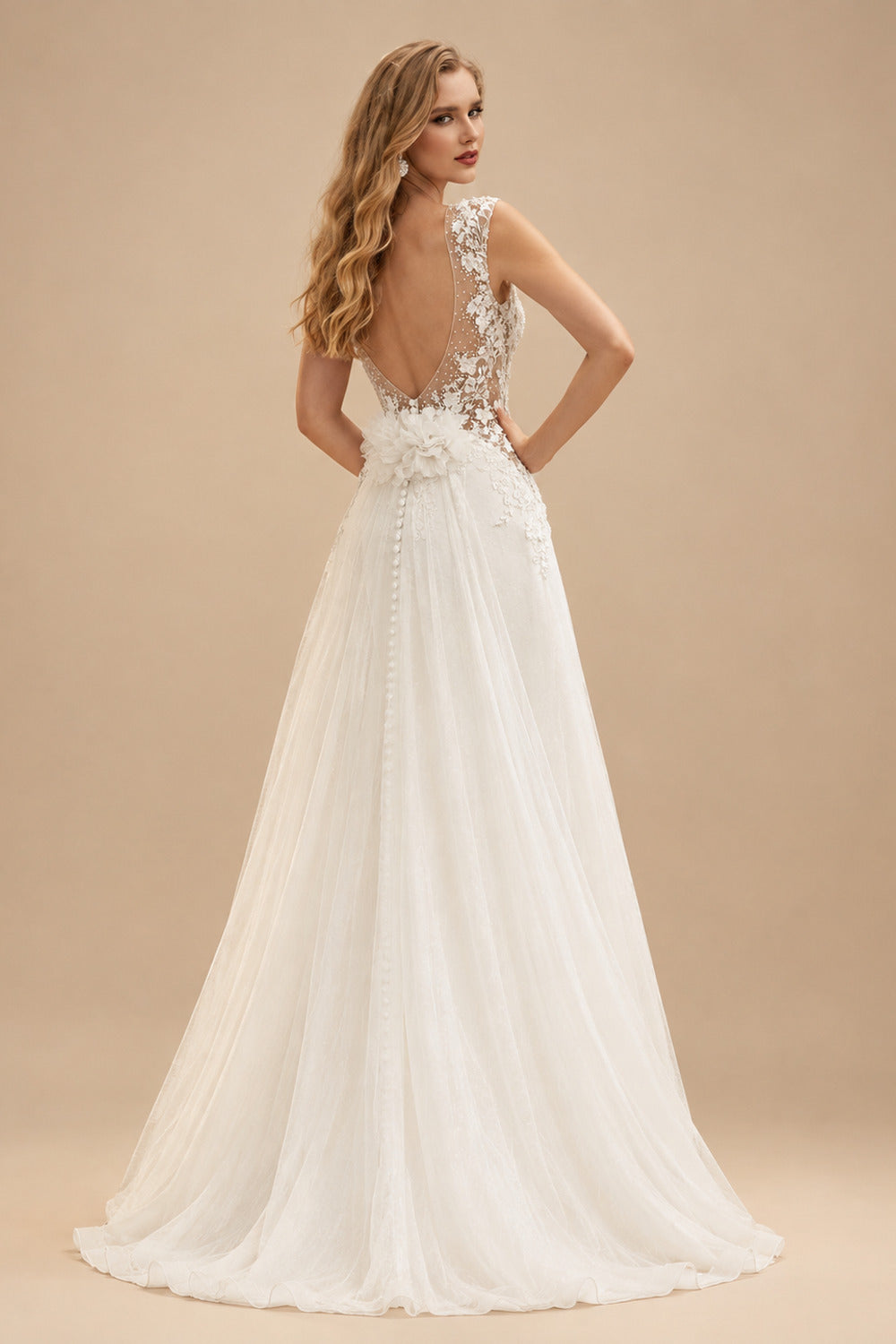 Rutipo Ivory Trumpet Mermaid Illusion Neck Sleeveless Royal Lace Tulle Elastic Satin Wedding Dresses With Flower(s)