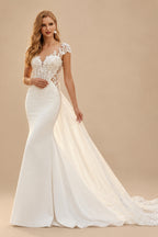 Rutipo Ivory Trumpet Mermaid Illusion Neck Sleeveless Royal Lace Tulle Elastic Satin Wedding Dresses With Flower(s)