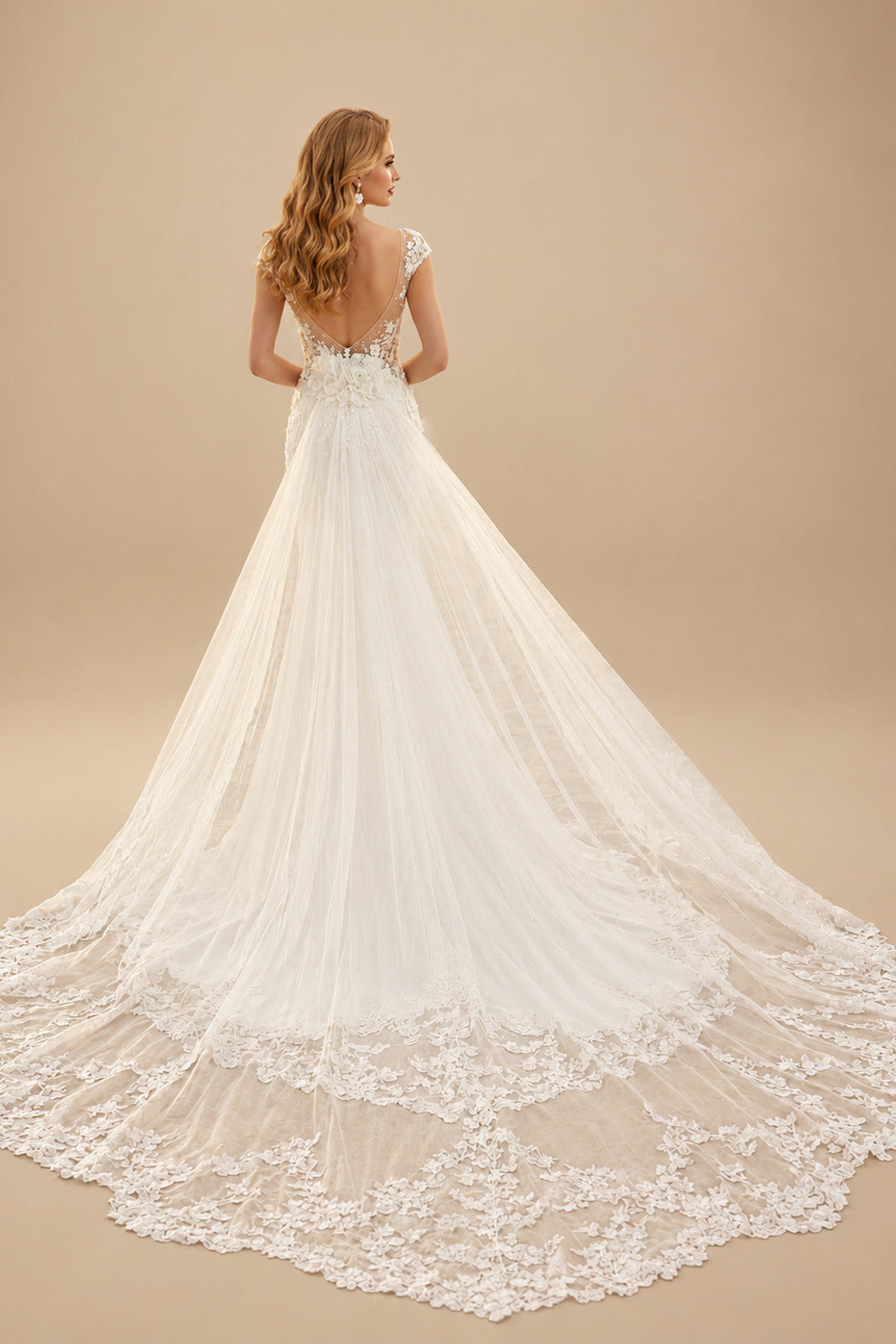 Rutipo Ivory Trumpet Mermaid Illusion Neck Sleeveless Royal Lace Tulle Elastic Satin Wedding Dresses With Flower(s)