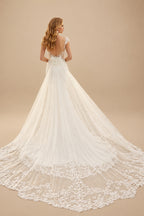 Rutipo Ivory Trumpet Mermaid Illusion Neck Sleeveless Royal Lace Tulle Elastic Satin Wedding Dresses With Flower(s)