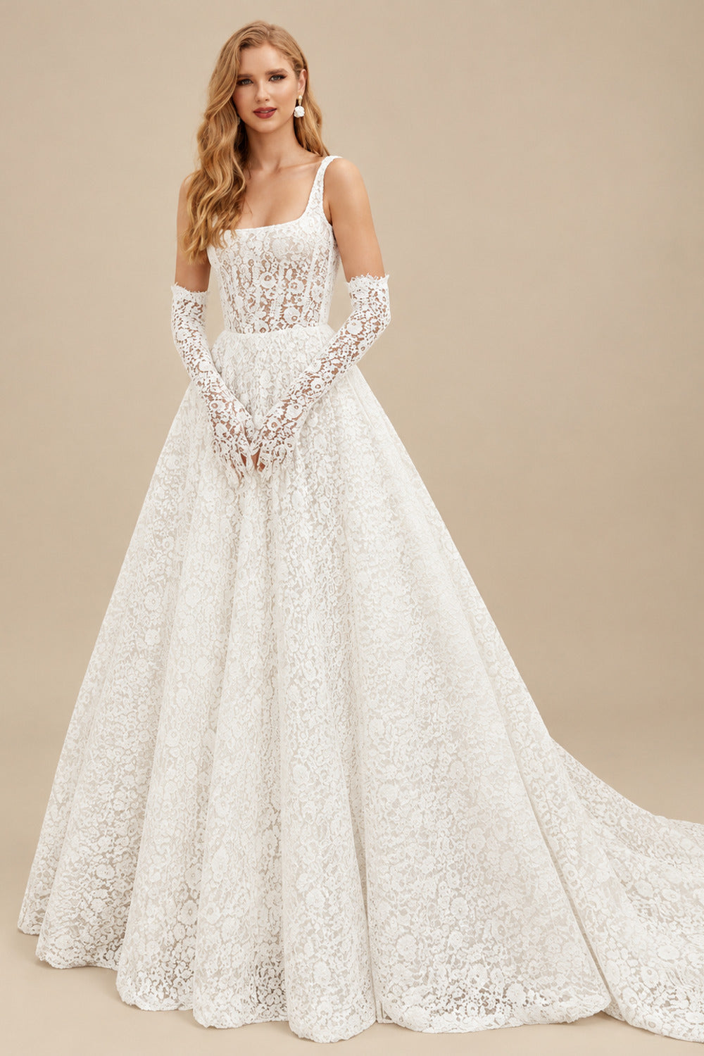 Rutipo Ivory Elegant Square Neckline Sleeveless A-Line Court Train Lace Wedding Dresses With Pockets