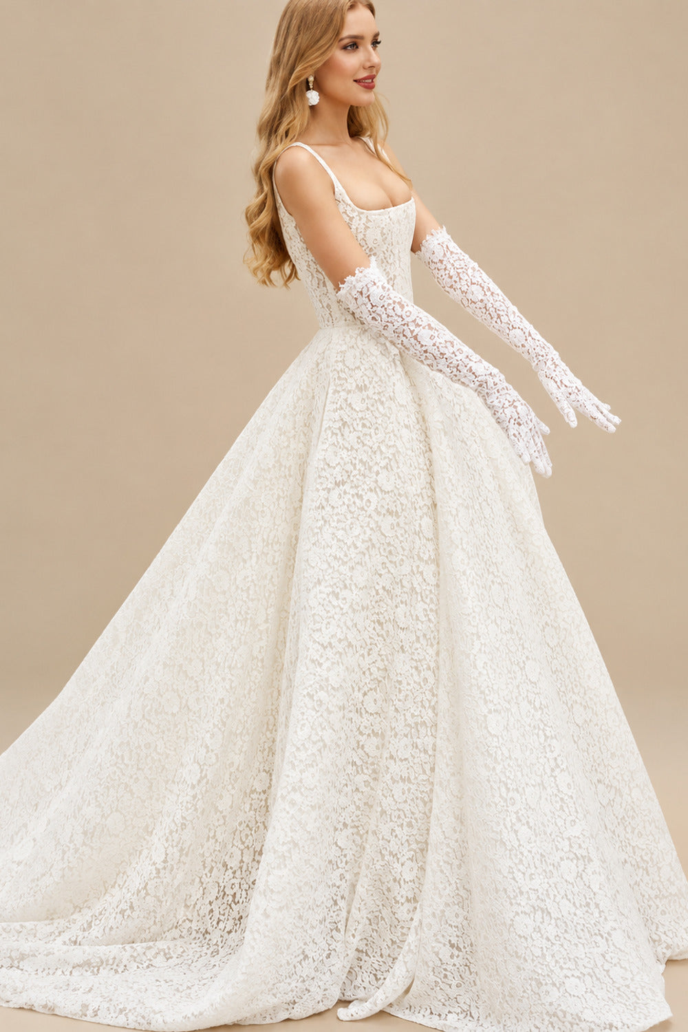 Rutipo Ivory Elegant Square Neckline Sleeveless A-Line Court Train Lace Wedding Dresses With Pockets